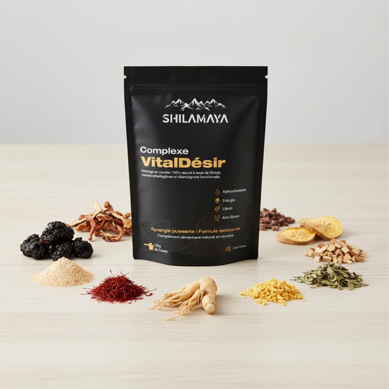 Le sachet VitalDésir entouré de ses ingrédients naturels